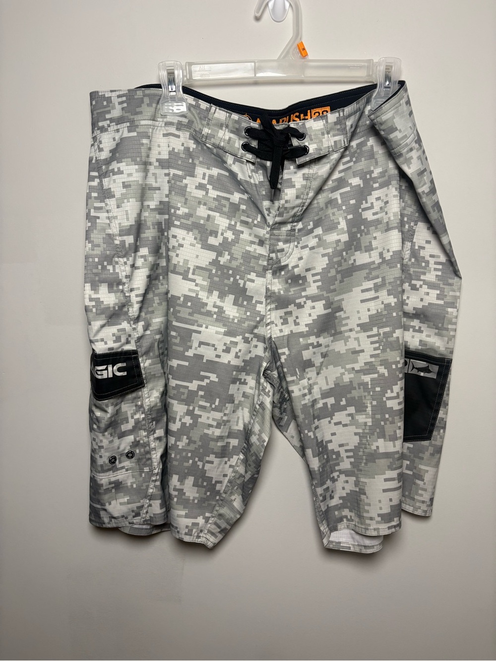 Gray Digital Camo Men’s Board Shorts with Black Waist Tie